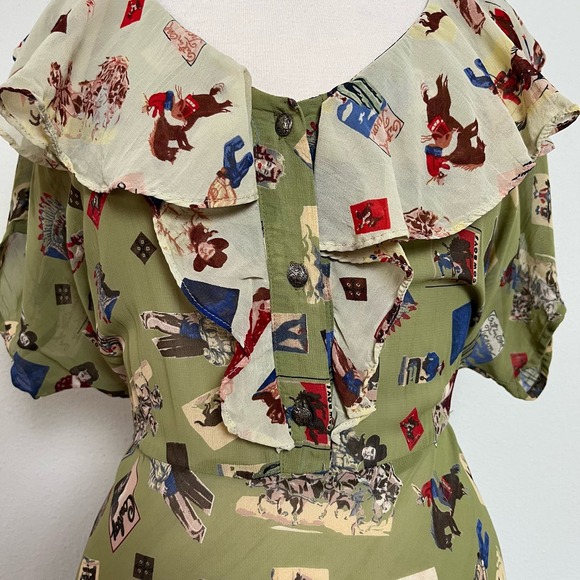 Vintage 90s Does 30s Green Novelty Print Cowboy Maxi Dress // Size Large - Picture 3 of 9